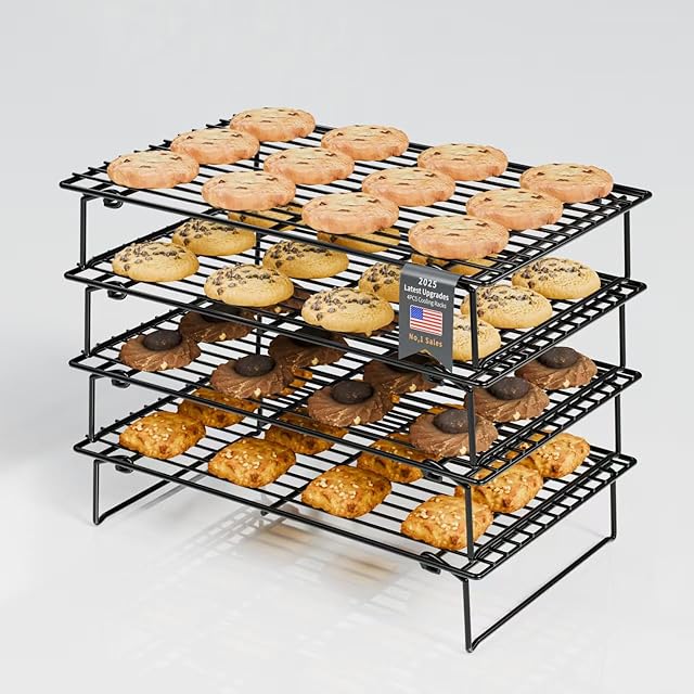4PCS Cooling Racks for Cooking and Baking, Collapsible 4 Tiers 10"X16" Cool Batches of Cookies, Non-Stick & BPA-Free, Oven and Dishwasher Safe (Black-98)