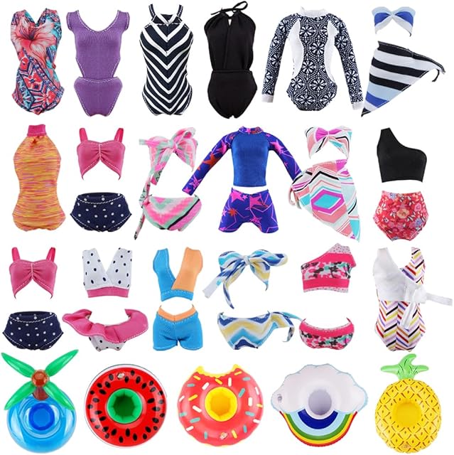 The E-TING 16 Items= 5Pcs Doll Beach Bikini Swimsuit with 1 Pool Swim Ring + 10Pairs Shoes for 11.5 inch Girl Doll(Random Style)