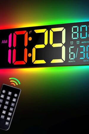 12" Digital Wall Clock for Classroom Livingroom Game Home Decor with LED Display RGB Lights, BIuetooth Sync, Dual Alarms, Auto DST, Countdown, Remote Control, Temperature