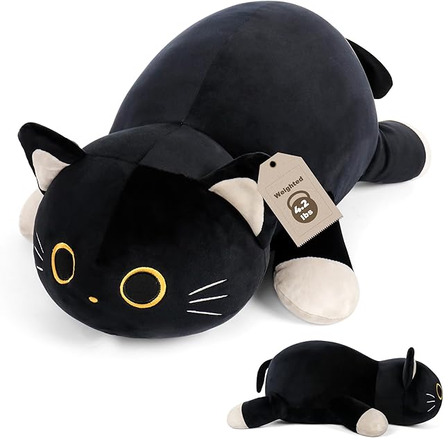 24" Black Cat Plush Weighted Stuffed Animals, 4.2lbs Weighted Black Cat Pillow Giant Cat Stuffed Animal Cuddle Plushies Gift for Kids Adults