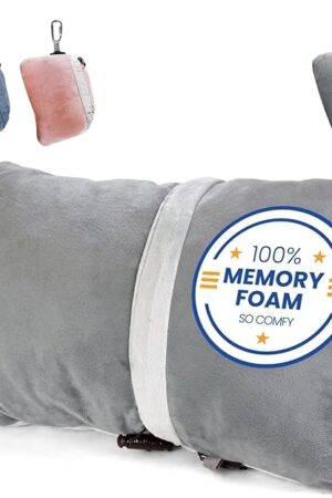Compact Travel Pillow Made with Shredded Memory Foam and Super Soft Fleece Fabric for Ultimate Comfort in Travel. Patented Design Rolls and Compacts Small for Travel. (Grey)