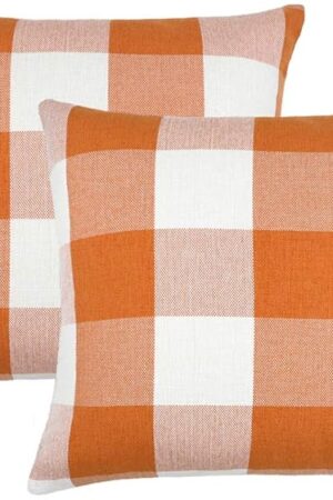 4TH Emotion Set of 2 Farmhouse Buffalo Check Plaid Throw Pillow Covers Cushion Case Polyester Linen for Fall Home Decor Orange and White, 18 x 18 Inches