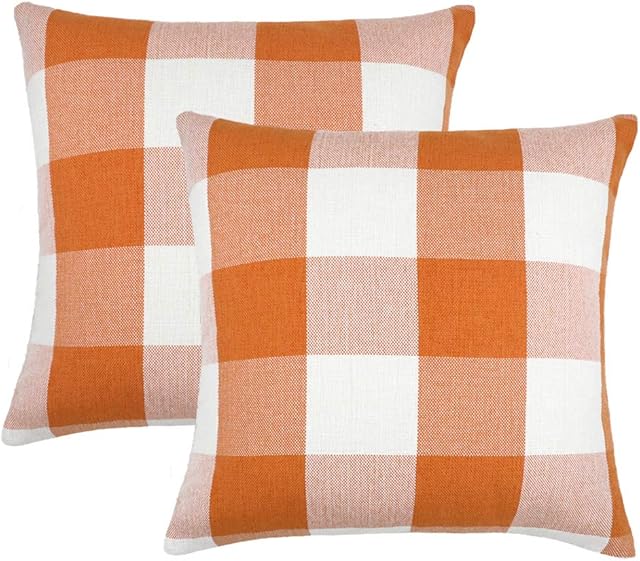 4TH Emotion Set of 2 Farmhouse Buffalo Check Plaid Throw Pillow Covers Cushion Case Polyester Linen for Fall Home Decor Orange and White, 18 x 18 Inches