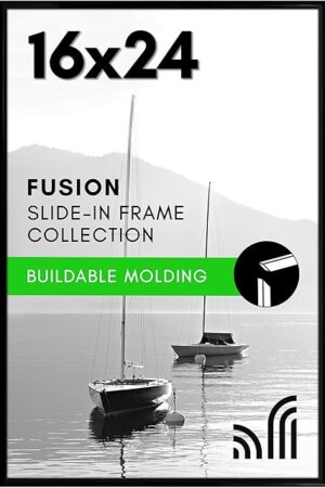 Americanflat 16x24 Poster Frame with Polished Front Cover - Slide-In Photo Frame with Plastic Buildable Molding - Fusion Collection - Picture Frames for Wall Display - Black
