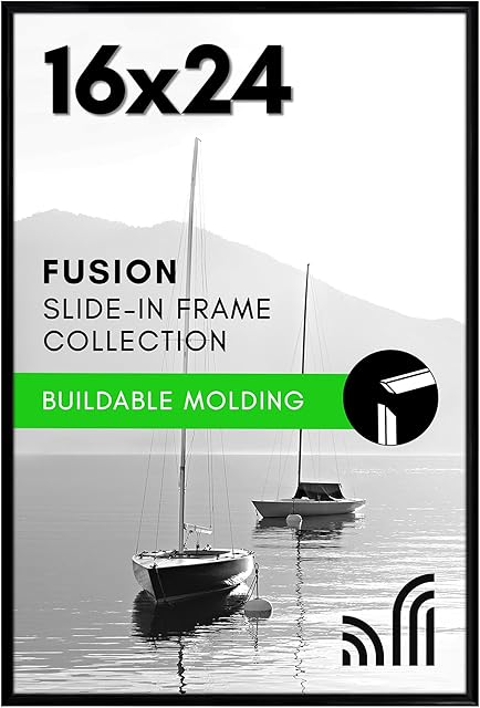 Americanflat 16x24 Poster Frame with Polished Front Cover - Slide-In Photo Frame with Plastic Buildable Molding - Fusion Collection - Picture Frames for Wall Display - Black