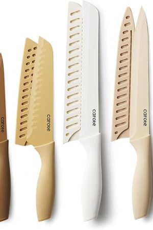 CAROTE 12 Pieces Kitchen Knife Set, Stainless Steel Knife Set With Nonstick Ceramic Coating, Dishwasher Safe with 6 Blade Guards, Rustproof, Brown