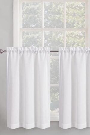 Chyhomenyc 2 Panels White Kitchen Curtains 36 Inch Length Tier Curtain, Faux Linen Textured Small Cafe Curtain, Light Filtering Short Window Curtains for Bathroom Basement, 30x36 inch, 2PCS