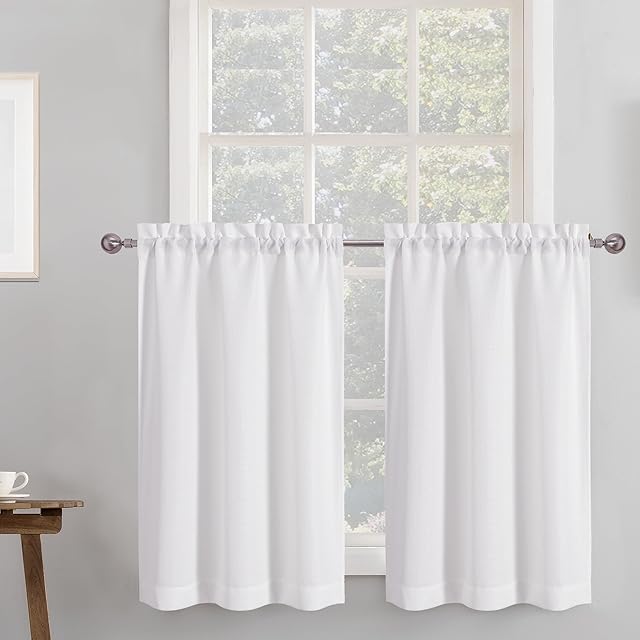 Chyhomenyc 2 Panels White Kitchen Curtains 36 Inch Length Tier Curtain, Faux Linen Textured Small Cafe Curtain, Light Filtering Short Window Curtains for Bathroom Basement, 30x36 inch, 2PCS