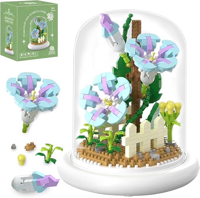 The Bouquet Building Kit Toys, 520 Mini Brick Building Kit, dust Cover, Decorative Flowers, Gifts for Girls and Mothers and Girlfriends, DIY, Blue Morning Glory Building kit