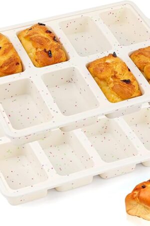 Vinino Silicone Mini Loaf Pans with Metal Reinforced Frame-2 Pack, Non-stick Silicone Bread Pan for Baking 8-Cavity, Tiny Banana Bread Set, Dishwasher Safe Brownie Pan-Cream