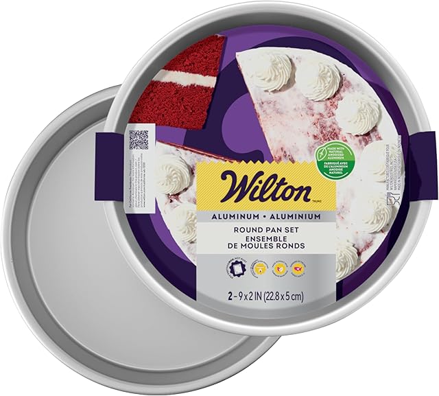 Wilton Aluminum 2-Piece Round Cake Pan Set, Durable Anodized Bakeware for Tiered & Layered Cakes, Even Heating, Rust-Resistant, Professional Cake Baking Pans, 9 x 2 in, Packaging May Vary