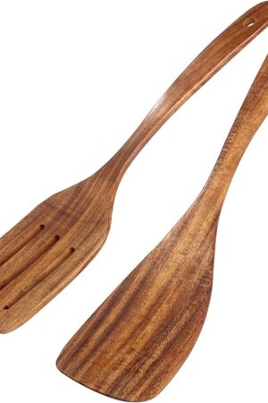 2 Pack Wooden Spatula, Acacia Wood Long Handle Flat Frying Turner, Handmade wooden spoons for cooking, Kitchen Utensil set, Non-Stick Cooking Spurtle Utensils for kitchen use