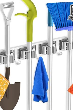 Broom Holder Wall Mount Mop and Broom Hanger Wall Mounted Garage Storage Rack Kitchen Garden Tool Organizer (4 Racks with 5 Hooks, Silver)