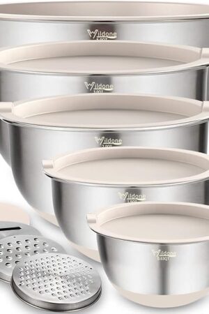Wildone Mixing Bowls with Airtight Lids Set, 5PCS Stainless Steel Khaki Nesting Bowls for Kitchen, with Grater Attachments & Non-Slip Bottoms, Size 5, 3, 2, 1.5, 0.63 QT, Great for Mixing & Serving