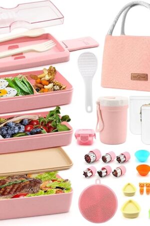 35Pcs Bento Box Japanese Lunch Box Kit Leakproof Bento Lunch Box for Kid Adult Wheat Straw 3 Layer Stackable Lunch Container w Compartment Lunch Bag for Teen Prepy Girl Meal Prep Containers (Pink)
