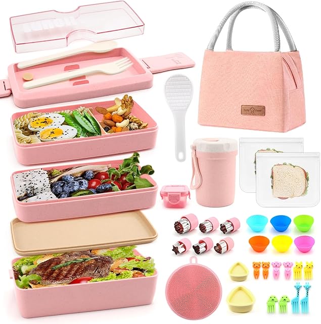 35Pcs Bento Box Japanese Lunch Box Kit Leakproof Bento Lunch Box for Kid Adult Wheat Straw 3 Layer Stackable Lunch Container w Compartment Lunch Bag for Teen Prepy Girl Meal Prep Containers (Pink)