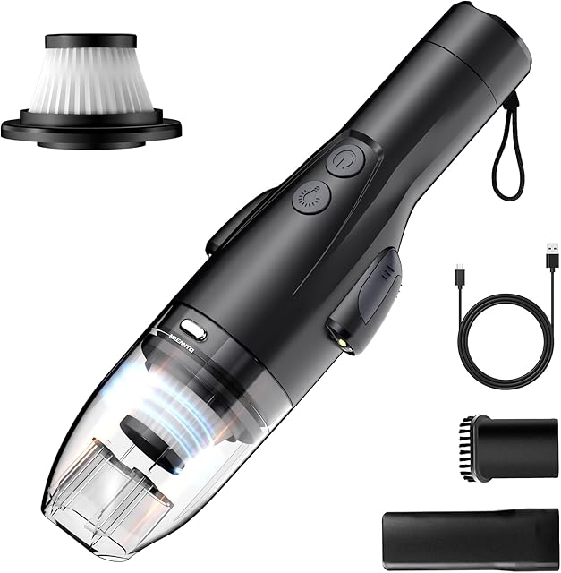 Cordless Vacuum Handheld, Car Vacuum Cleaner High Power 8000Pa, Portable for Car, Home, Office,Pet, Mini Rechargeable 4-in-1 (Vacuum+LED Light+Cutter+Window Breaker)