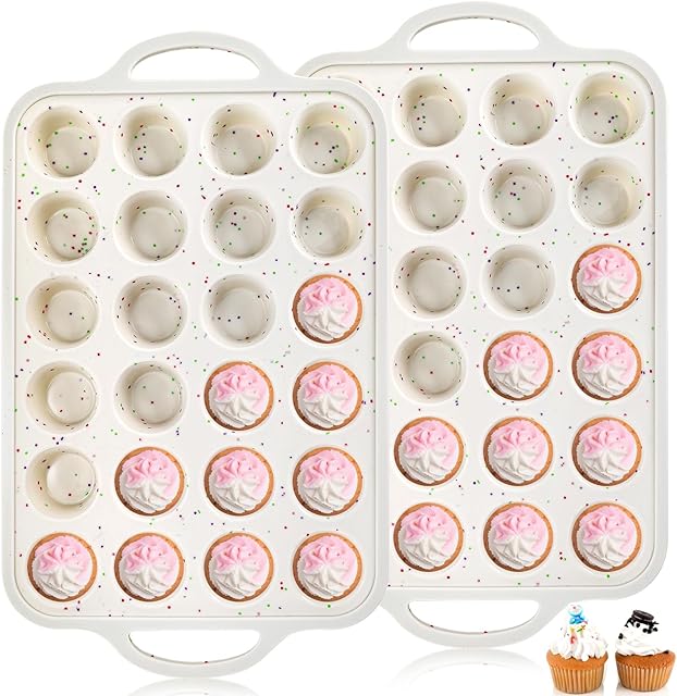 2 Pieces Silicone Muffin Pans, Metal Frame Cupcake Pan with Handles, 24 Mini Cups Non-Stick Muffin Mold Tray for Baking Muffin, Tart, Cakes, Bread, Egg Bites