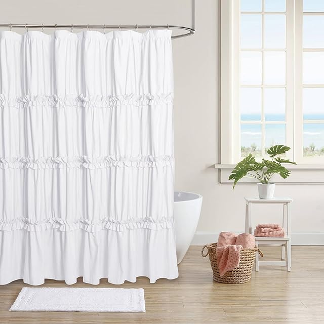 Farmhouse Ruffle Shower Curtain with Handmade Ruched, Vintage Ruffled Fabric Shower Curtains for Master Bathroom, Decorative Elegant Bathroom Curtain with 12 Holes, White, 72" W x 72" H(N60049)