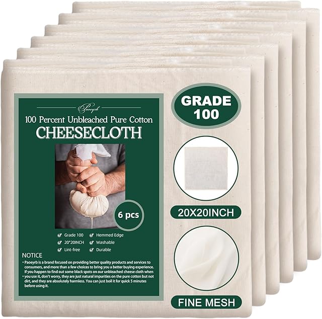 6Pcs 20x20Inch Cheese Cloth, 100Percent Organic Unbleached Pure Cotton Muslin Cloth, Reusable Cheesecloth, Premium Cheesecloth for Straining, Cooking, Bread, Butter