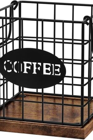 Coffee Pod Holder Organizer,Large Capacity K Cup Holder Organizer, Storage Basket for Kitchen Countertop Office Coffee Bar with Wooden Base(Rustic Brown-Square)