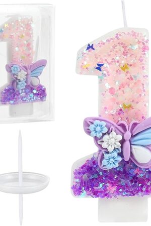 Birthday Number Candles Pink and Purple Butterfly Birthday Candles for Cake Glitter Number 1 Candle Cake Topper with Sequins for Girls and Women Anniversary Celebrations Supplies