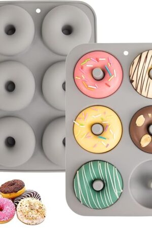 Aichoof Silicone Donut Mold for 6 Doughnuts, Set of 2. Food Grade LFGB Silicone Bagels Baking Pan, Non-Stick, Dishwasher Safe, Heat Resistant and Microwave Safe(Gray)