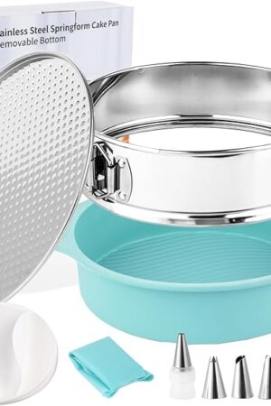 10-inch Stainless Steel Springform Pan with Silicone Protector, Removable Bottom, Parchment Paper, Decorating Kit Piping Bags and Tips- Great for Birthday Parties