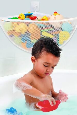Bath Toy Holder Corner, Kids Bath Toy Net for Tub, Bathtub Holder Basket, Storage Bin Hammock Organizer, Shower Caddy Hanging Mesh Bag, Baby Bathroom Storage with 3 Suction Cups 3 Adhesive Wall Hooks