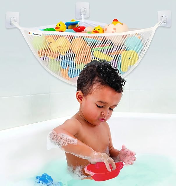 Bath Toy Holder Corner, Kids Bath Toy Net for Tub, Bathtub Holder Basket, Storage Bin Hammock Organizer, Shower Caddy Hanging Mesh Bag, Baby Bathroom Storage with 3 Suction Cups 3 Adhesive Wall Hooks