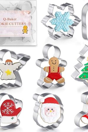 Christmas Cookie Cutters, 8Pcs Winter Holiday Cookie Cutter Set, Stainless Steel Metal Cutter with Gingerbread Men,Christmas Tree,Snowflake, Candy Cane, Angel, Santa Face,Stocking,Mitten