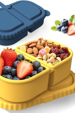 2Pcs Reusable Silicone Snack Containers with Lids -2 Compartment Snack Containers Box, for Travel, Office, Gym & Meal Prep (Dark Blue + Yellow)