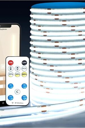 COB LED Strip Lights, LED Light Strips with Remote and App,16.4ft 6500K Dimmable Bright Daylight White LED COB Light Strip, Adhesive Indoor COB LED Lights for Bedroom, Living Room, TV, Shelf, Cabinet
