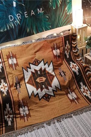 Aztec Throw Blanket Native American Blanket Southwestern Boho Decor Reversible Woven Tassels Mexican Blankets and Throws for Couch Bed Chair Wall Tapestry Livingroom Outdoor Beach Brown 51"x63"