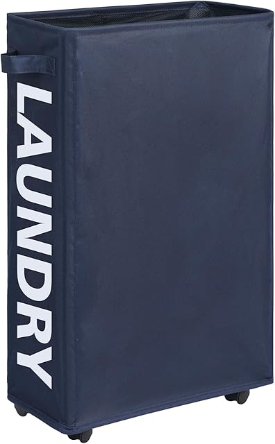 25" Slim Rolling Laundry basket on Wheels, 50L Collapsible Narrow Corner Laundry Hamper, Foldable Storage Bins, Dark Blue