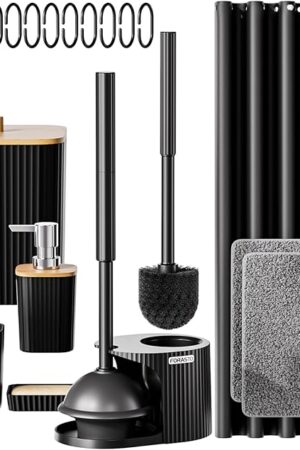 Bathroom Accessories Set-22PC Bathroom Sets with Shower Curtain and Rugs, 2 in 1 Toilet Brush and Plunger Set, Trash Can, Soap Dispenser, Stylish & Functional Bath Decor for Home, Black