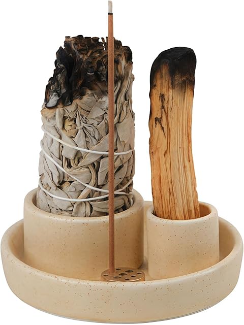 4 in 1 Incense Holder, Ceramic Incense Stick and Palo Santo Holder,Sage Holder for Burning- 4.25" Ceramic Ash Catcher Tray for Meditation and Yoga Room (Sand)