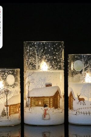DRomance Snowman Glass Flameless Candles Battery Operated with Remote and Timer Real Wax LED Flickering Pillar Candles White Cold Light Window Christmas Holiday Decor D3 x 4",5",6"