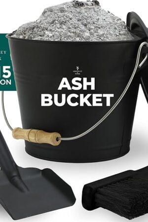 Black Ash Bucket with Lid, Complete Fireplace Tools Set, Includes Pail, Shovel & Broom, 2.15 Gallon Metal Coal Bucket with Accessories, Galvanized Iron Ash-Bucket for Fire Place