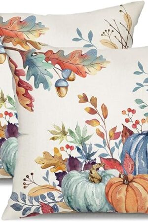 DFXSZ Fall Pillow Covers 18x18 inch Set of 2 Blue and Green Watercolor Pumpkin Fallen Leaves Decorative Throw Pillow Covers Autumn Thanksgiving Farmhouse Decoration for Home Couch TH27-E18