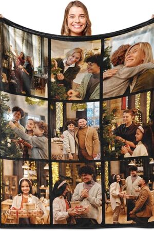 Yoke Style Ships Next Day, Custom Blanket with Picture, Personalized Throw Photo Blankets Customized Photo Gifts for Mom Dad Women Family - 9 Photos