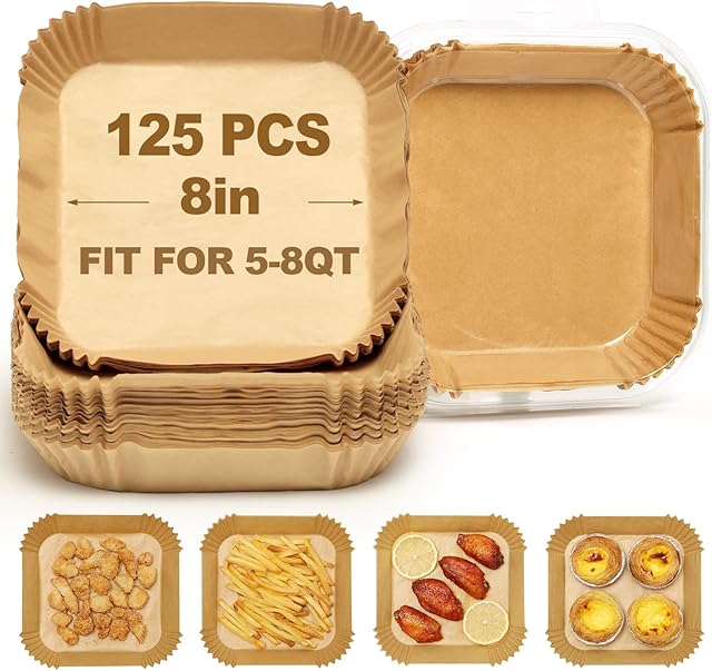 Air Fryer Liners Disposable, 8 inch Air Fryer Parchment Paper Compatible with COSORI/InstantPot 5-8 QT Air Fryer Oil-Resistant, Resistant to 428°F, Clean in One Second, Reinforced, 125pcs