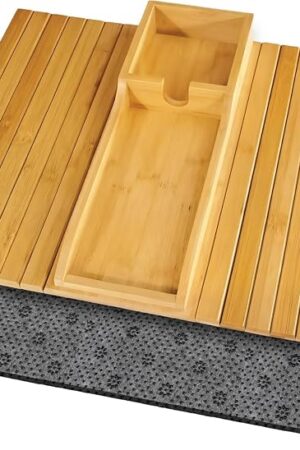 3 in 1 Bamboo Sofa Armrest Tray - Foldable Couch Arm Table with Cup Holder, Secure Edge Design, Anti-Slip and Sturdy Sofa Tray for Drinks, Cellphone, Remote, Snacks - Easy to Clean and Durable