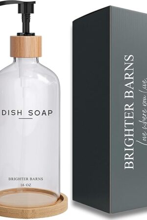 Clear Glass Dish Soap Dispenser by Brighter Barns - Kitchen Sink Set With Bamboo Tray - Modern Decor and Accessories, Minimalist Neutral Home (Clear)