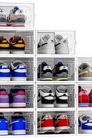 12 Pack Shoe Organizer Storage Bins, Clear Plastic Stackable Shoe Boxes for Closet, Space Saving Foldable Shoe Storage Bins, Sneaker Storage Shoe Box Container, White Frame