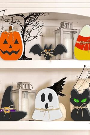 6PCS Wooden Decor - Wooden Signs Include Pumpkin Ghost Bat Black Cat Witch Hat Candy Corn Freestanding Table Signs, Tiered Tray Decor for Rustic Farmhouse Home Mantle