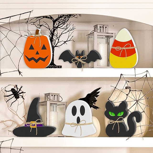 6PCS Wooden Decor - Wooden Signs Include Pumpkin Ghost Bat Black Cat Witch Hat Candy Corn Freestanding Table Signs, Tiered Tray Decor for Rustic Farmhouse Home Mantle