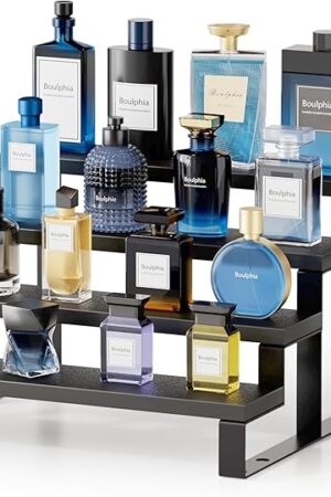 Cologne Organizer for Men, 12 Inch Wood Cologne Stand 4 Tier Perfume Organizer for Dresser, Versatile Step Display Stand Shelf for Fragrance, Skincare, Figurine, Dessert, 1 Set Black