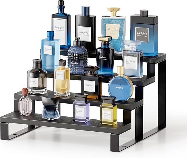Cologne Organizer for Men, 12 Inch Wood Cologne Stand 4 Tier Perfume Organizer for Dresser, Versatile Step Display Stand Shelf for Fragrance, Skincare, Figurine, Dessert, 1 Set Black