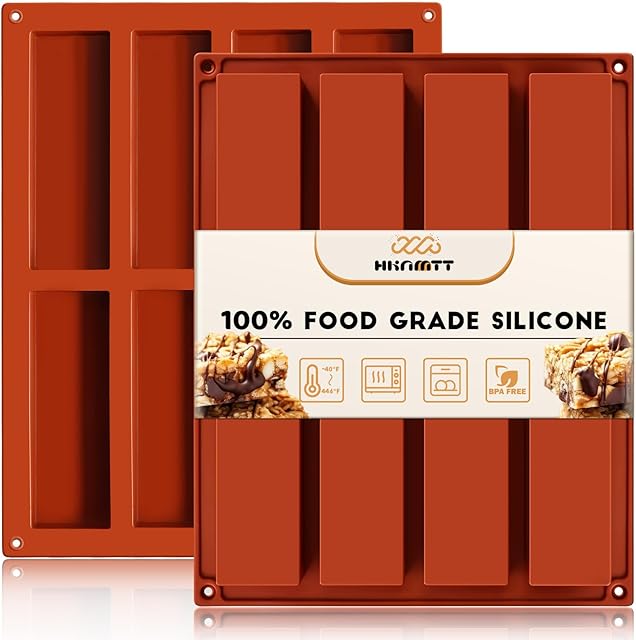 Chocolate Bar Molds Silicone Rectangle for Granola Deep Bars, 2-pack 8 Cavities Thick Flexible Molds for Homemade Snacks Sugar Free Energy Soft Baked Oat Protein Energy Bars, Easy Release Moulds Tray